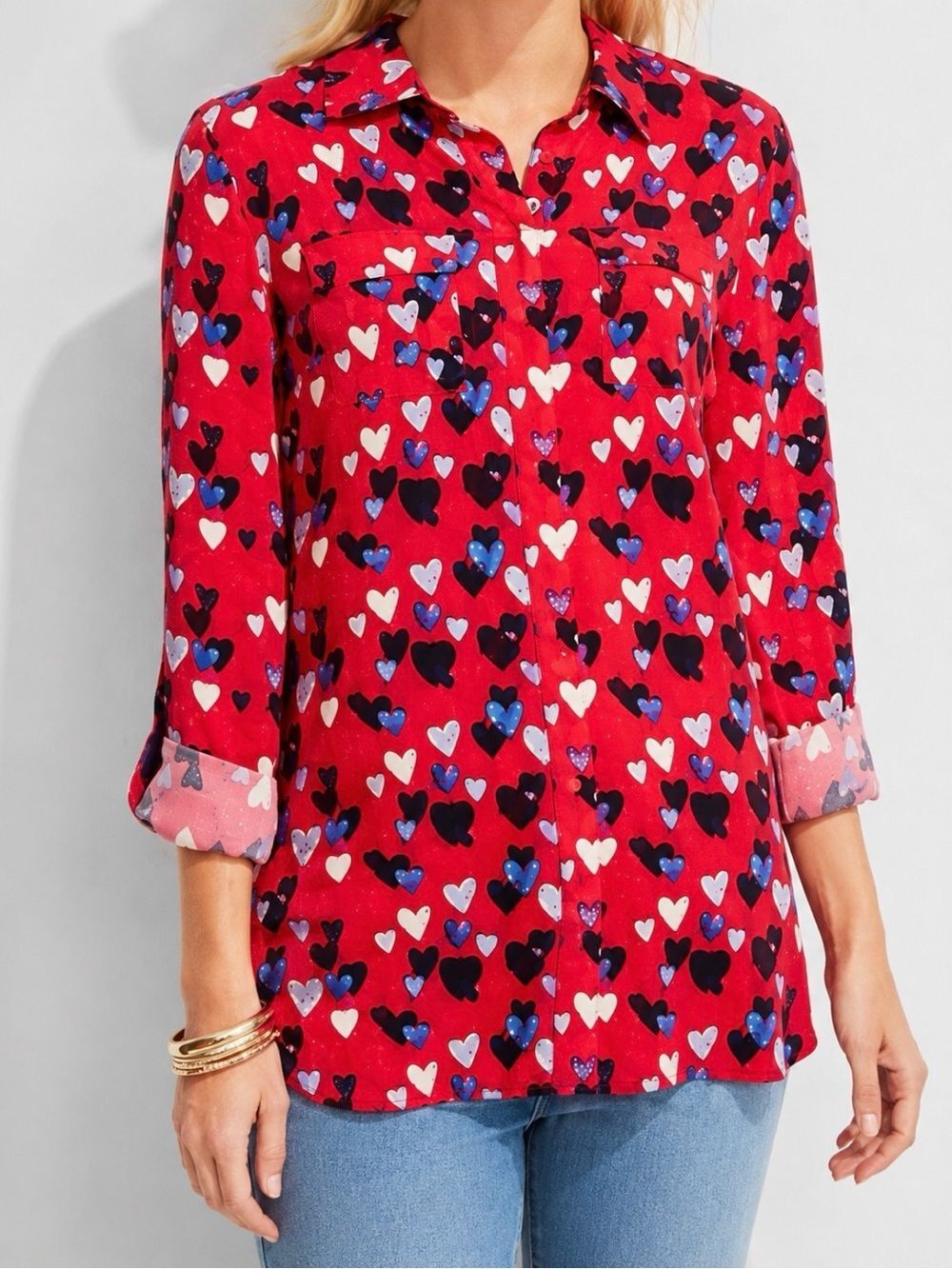 Talbots Red Blue White Black Hearts Long Sleeve Button Up Shirt Blouse‎ Size L